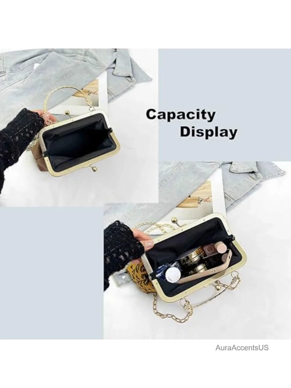 Vintage Kiss Lock Faux Suede Handbag Purse Crossbody Shoulder Bag Chain Strap